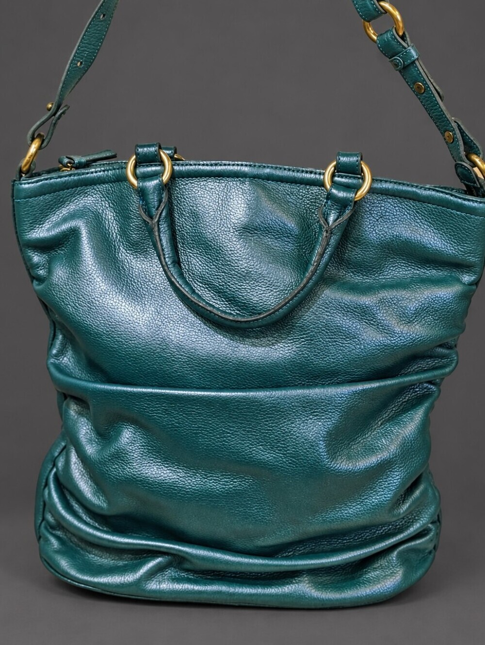 Brahmin Vivienne Metallic Teal Leather Ruched Tote Shoulder Bag Y2K